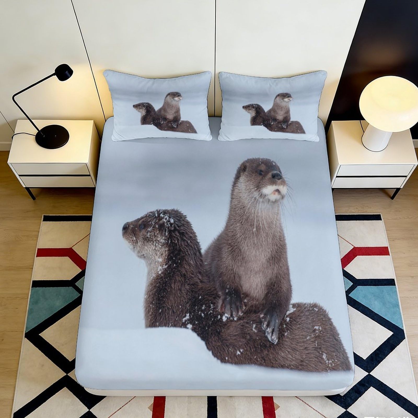 3D Printed Otter Snow Scene Fitted Sheet Microfiber Soft Mattress Cover for Bedroom Guest Room Dorm Decor 90x200x25cm