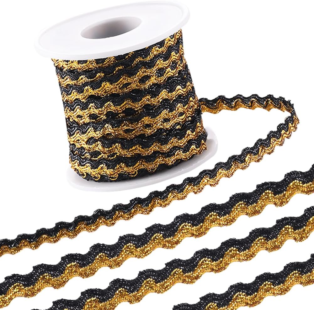 GORGECRAFT 16.4Yds x 5mm Black Gold Wave Bending Fringe Trim Metallic Sparkle Rick Rack Trim Braid Wavy Edge Lace Woven Webbing Zig Zag Ribbon for DIY Crafts Jewellery Making Hair Gift Wrapping