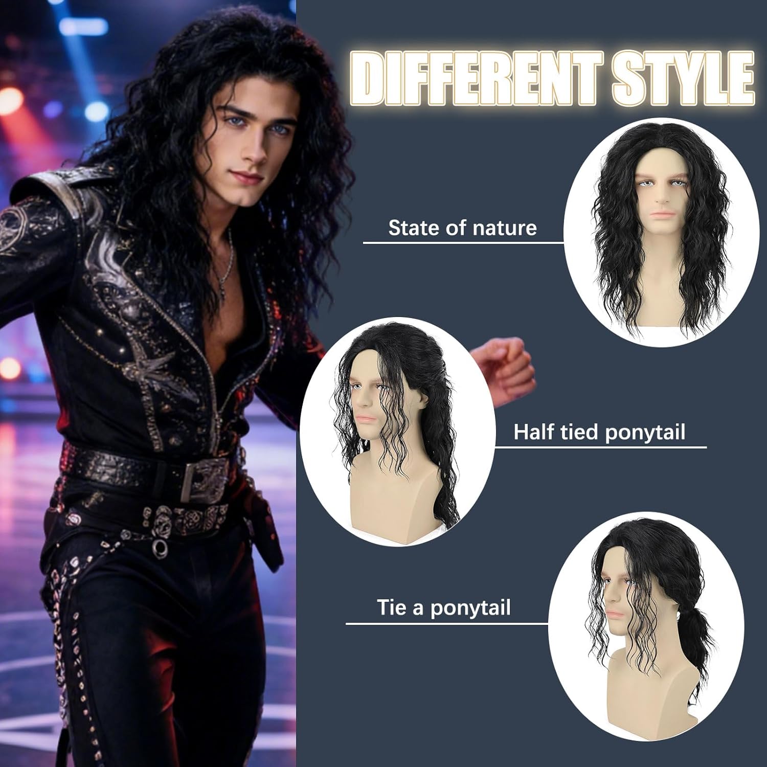 Mens Black Curly Wig 70s 80s Long Wavy Synthetic Hair Wigs for Rocker Costume Party Cosplay Halloween or Fun (18inch, Black)