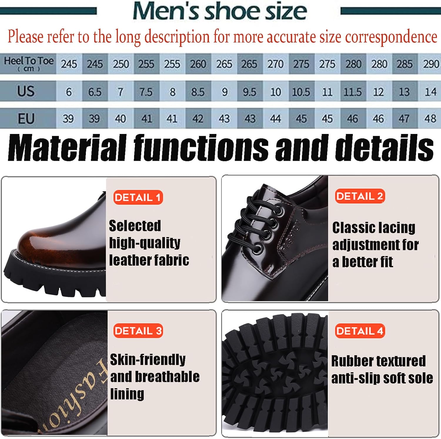 Men's Fashion Leather Chunky Heel Platform Oxfords Classic Round Toe Lace Up Lug Sole Derby Dress Shoes Daily Business Work Office Casuals