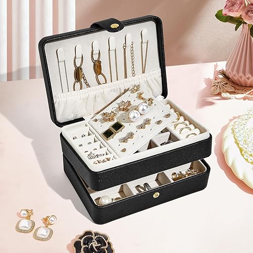 Miniatura 6 de BUTI4WLD Joyero pequeño, cajas de joyería para mujeres y niñas, caja organizadora de joyas, 2 capas de almacenamiento de joyas de viaje para aretes,