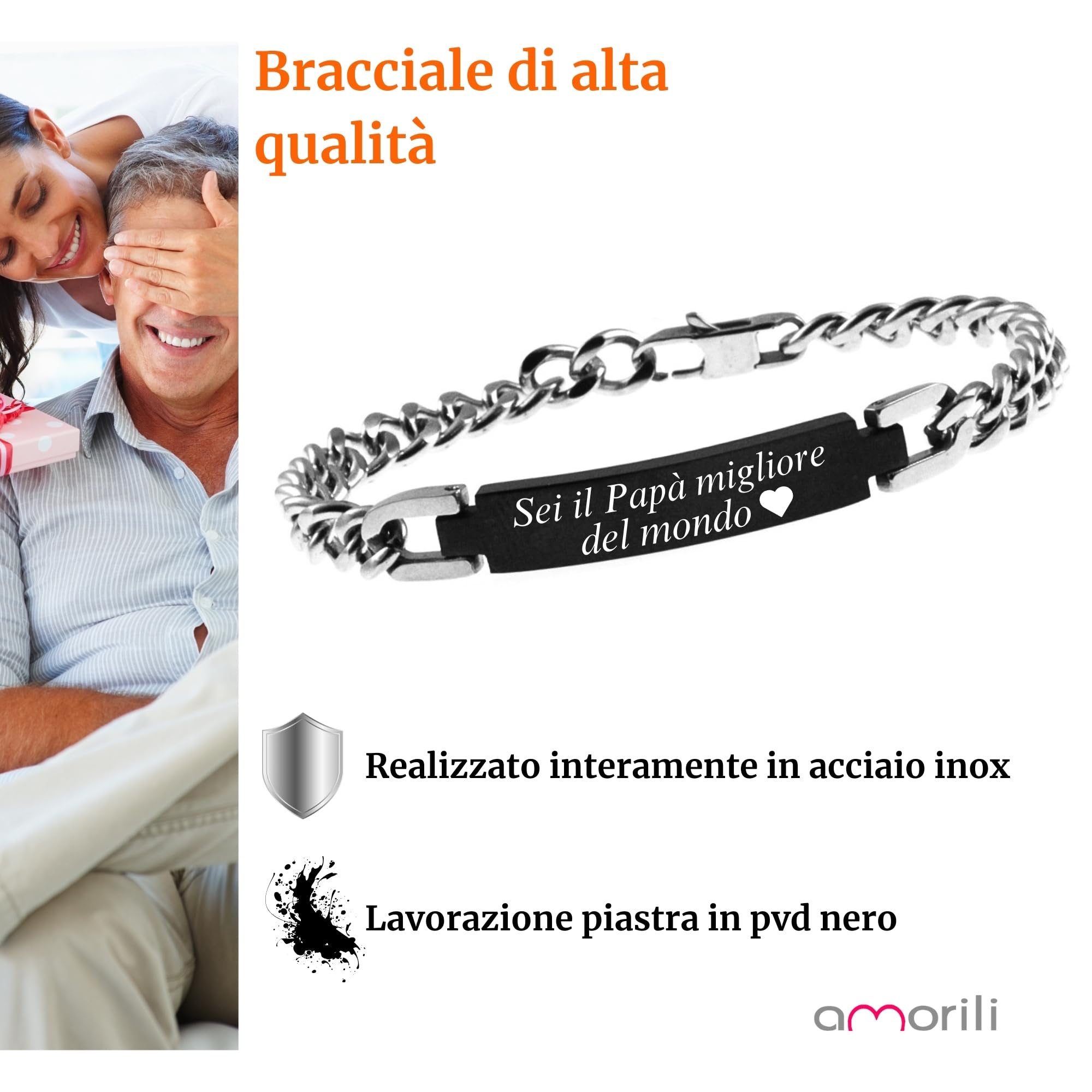 Bracciale Uomo in Acciaio Inox Classico e Nero Maglia Grumetta Personalizzato | Braccialetto Personalizzabile con Incisione | Gioiello Elegante e Moderno bcc2896