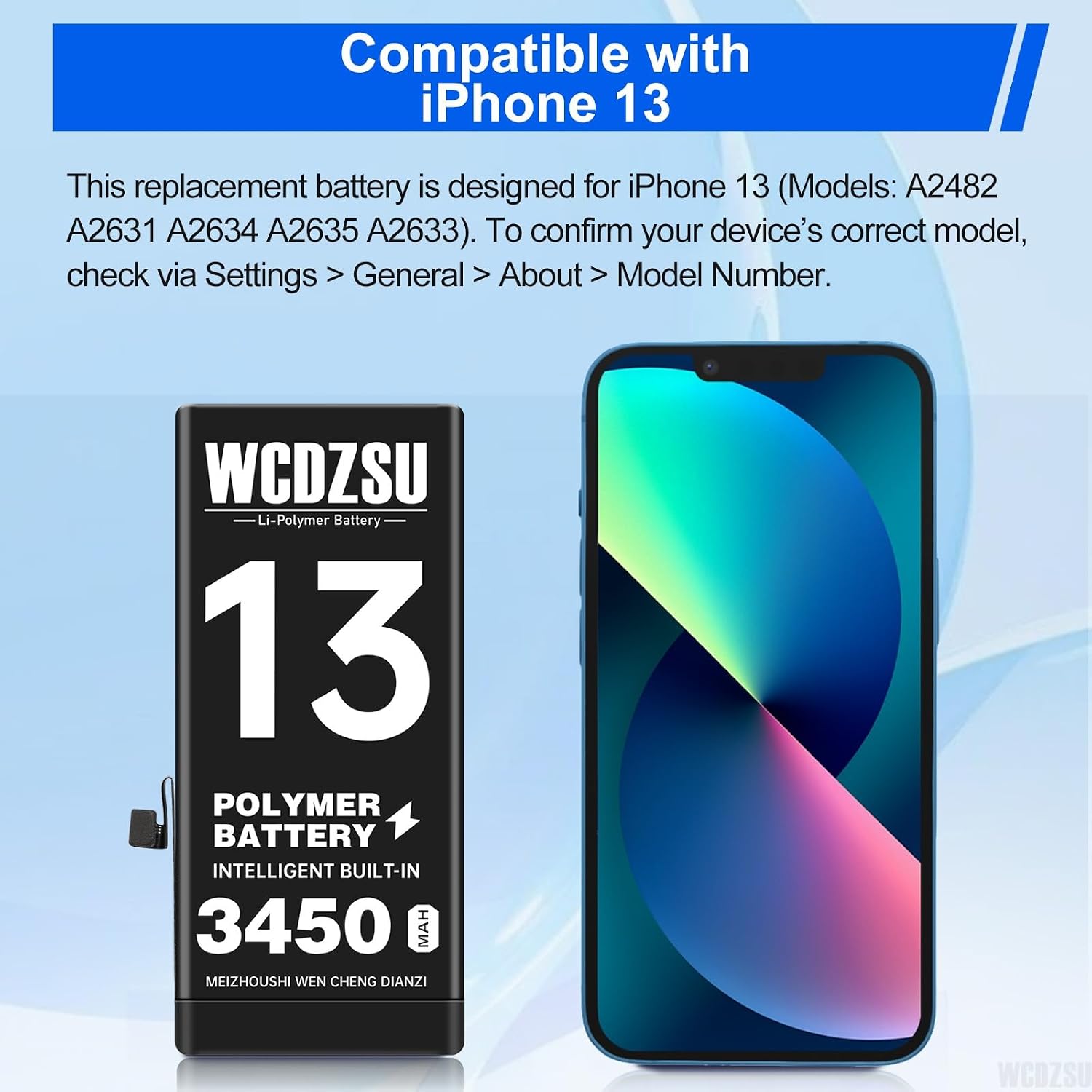 Battery Replacement for iPhone 13 3450mAh No Pop-up Unknown Part Warning High Capacity New 0 Cycle for iPhone 13 with Complete Fix Tools Kit Model A2482 A2631 A2634 A2635 A2633