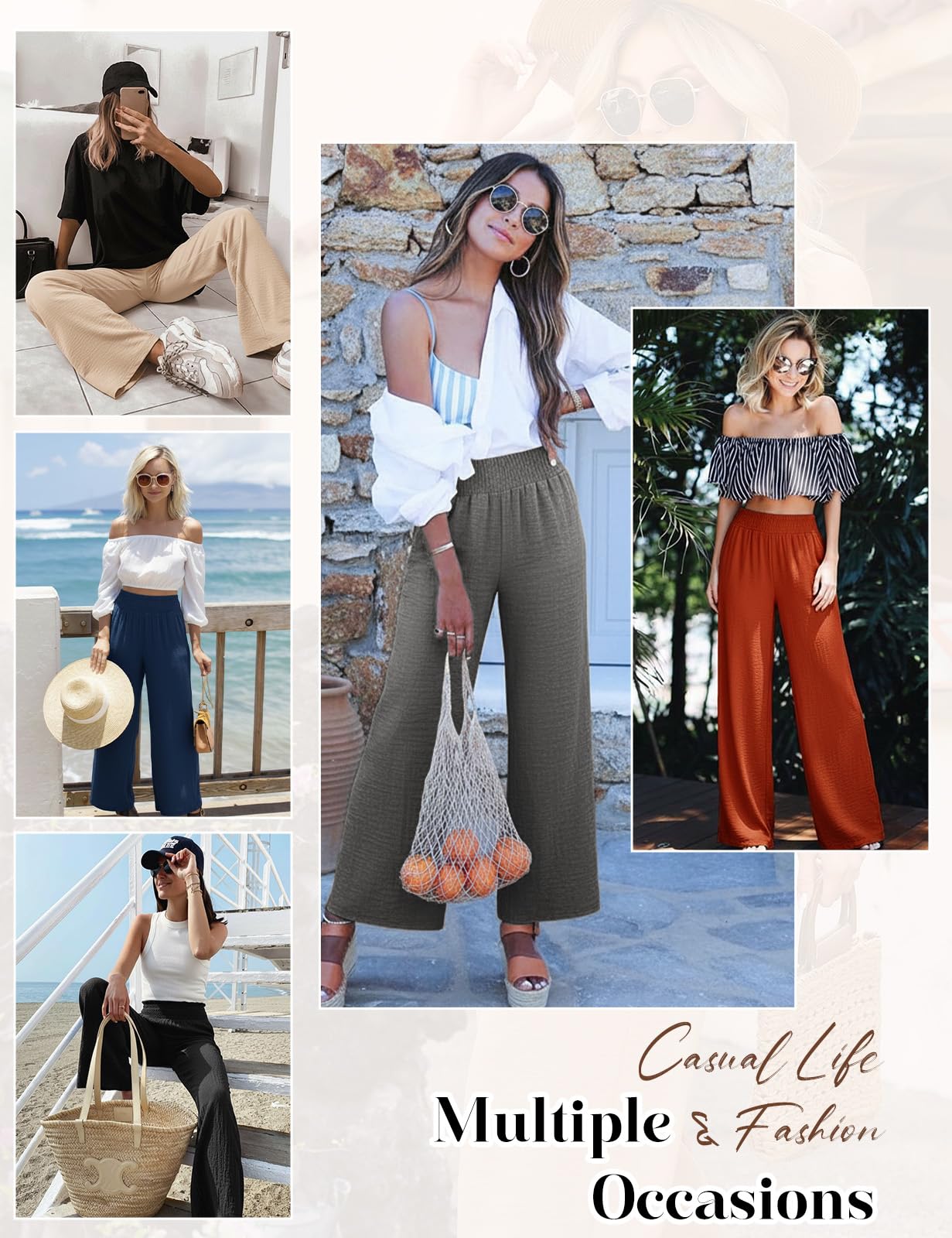 CMTOP Pantalones Mujer Verano Casuales Ligero Pantalones Anchos Fluido Pantalon Elástico Cintura Suelta Pantalone Comodo Playa Pantalón con Bolsillos
