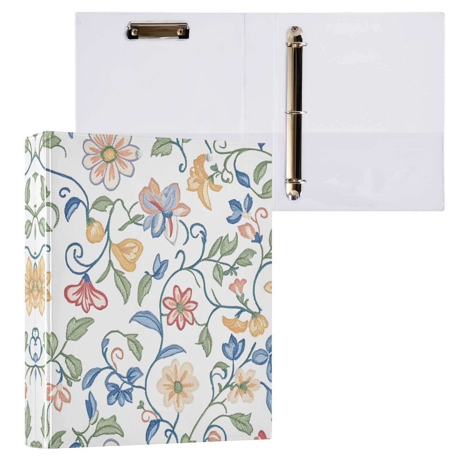 Raccoglitori a 3 anelli da 3,8 cm, stile vintage, con ricamo floreale decorativo, con clip in metallo, organizer per casa e ufficio, confezione da 2