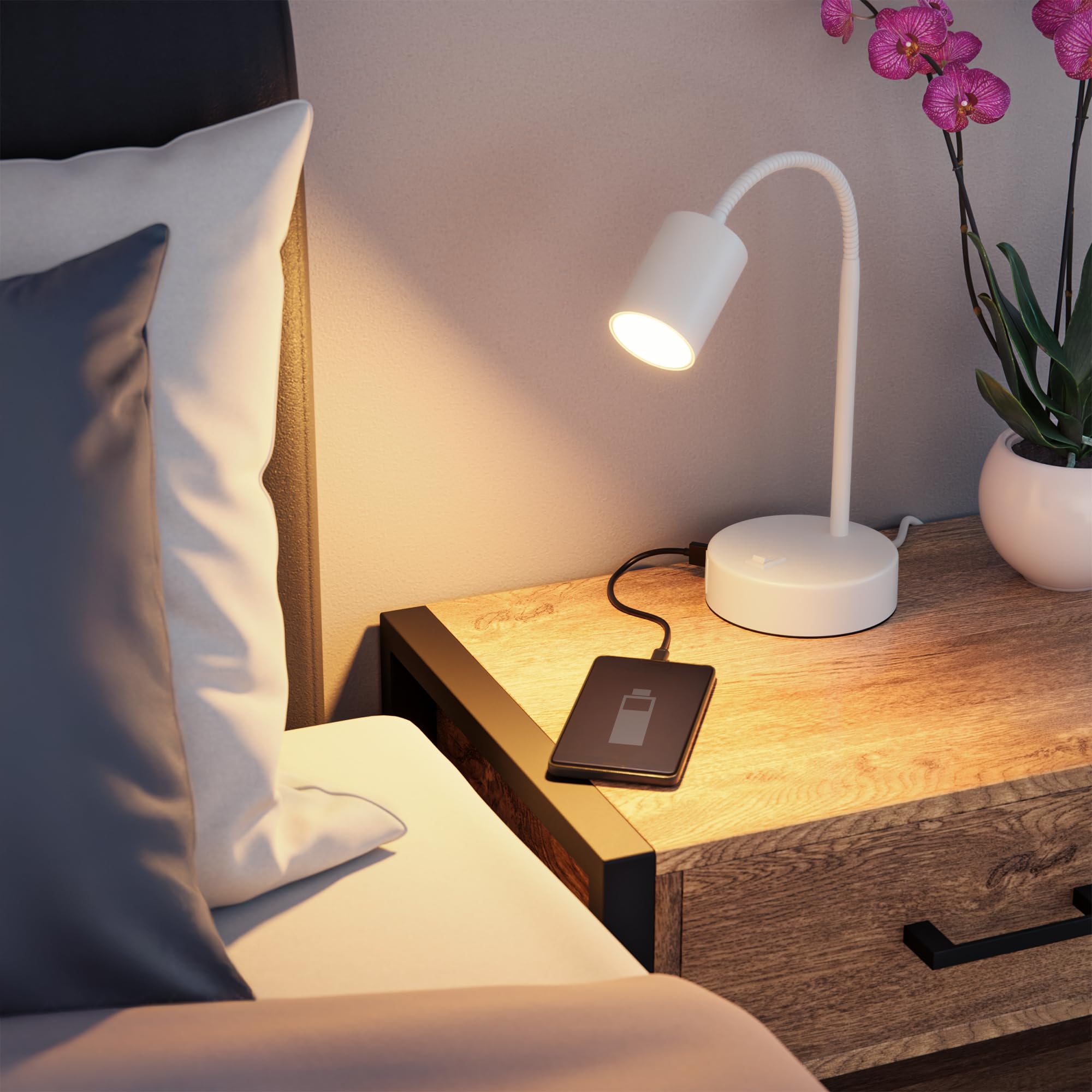 ledscom.de 2x Tischlampe WAIKA, Schwanenhals, Schalter, rund, weiß, USB-A, USB-C, 1x GU10 max. 15W