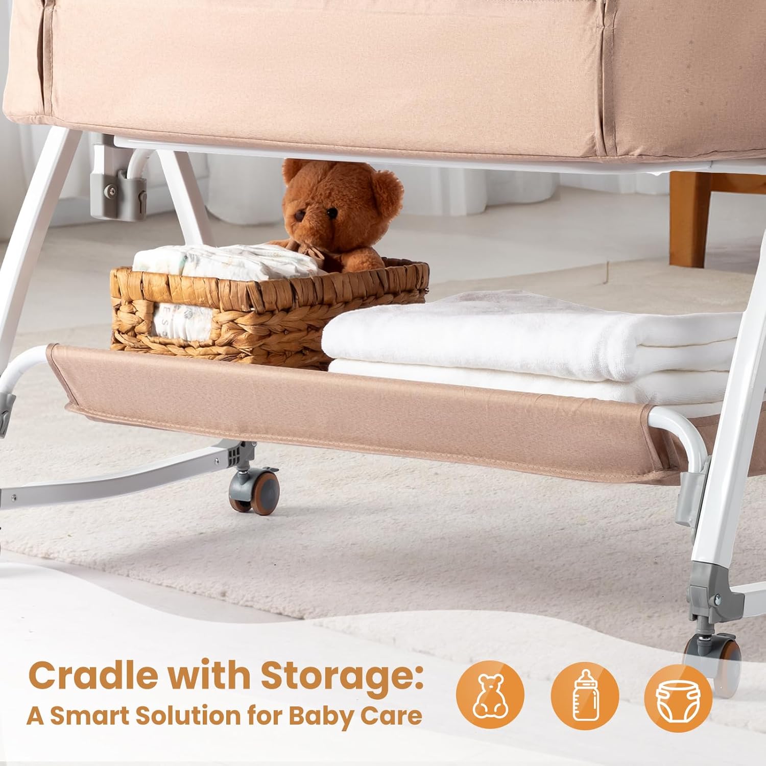 JOYMOR 3 in 1 Baby Bassinet, Bedside Bassinet for Baby, with Comfy Mattress and Wheels, 6 Height Adjustable Easy Folding Portable Bedside Crib for Newborn (Beige)