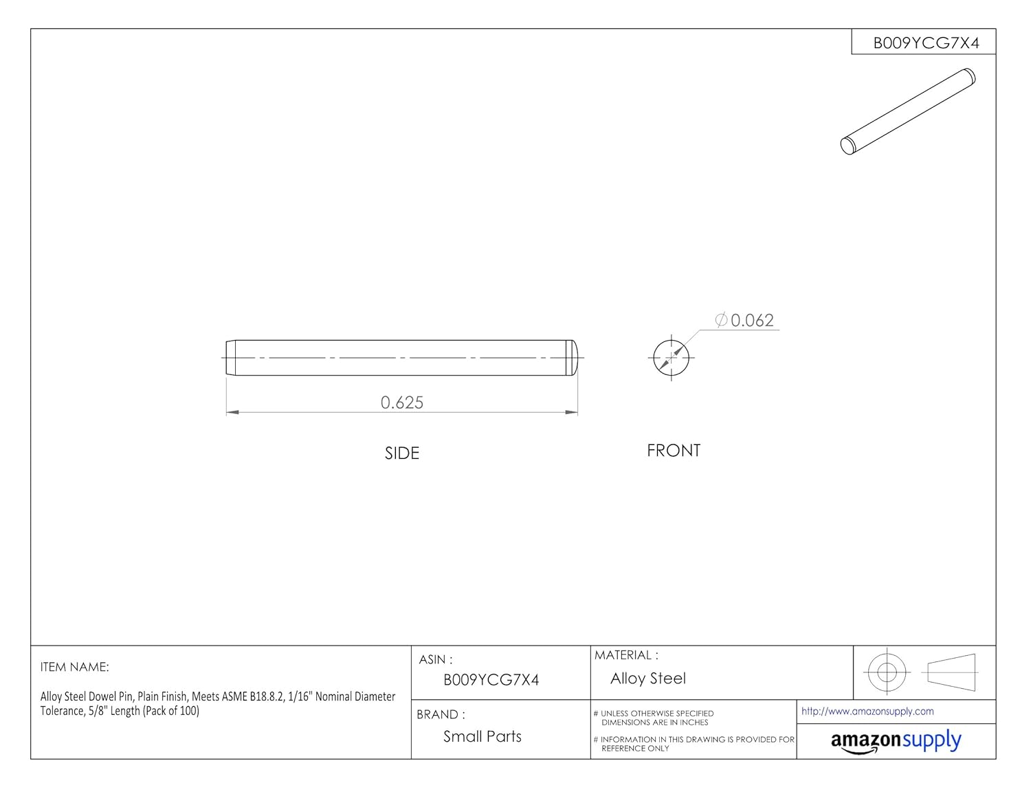 Alloy Steel Dowel Pin, Plain Finish, Meets ASME B18.8.2, 1/16" Nominal Diameter Tolerance, 5/8" Length (Pack of 100)
