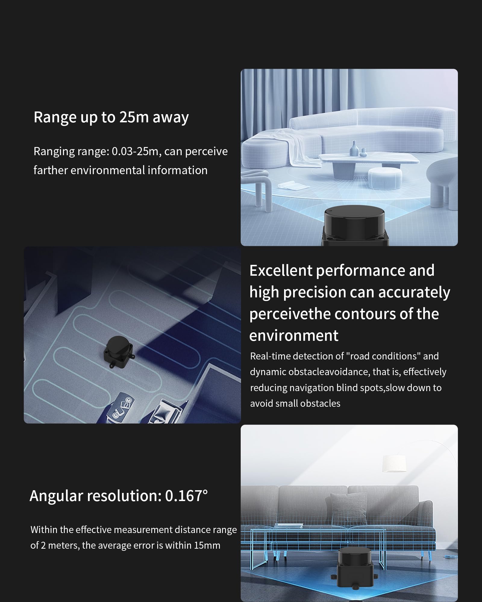 WayPonDEV FHL-LD19 Plus 2D Lidar Sensor, 25m (80ft) 360° Ranging Module Kit, SLAM ROS LiDAR Sensor Scanner for Robots Drone Navigation Obstacle Avoidance, with Raspberry ROS/ROS2/C++ SDK Tutorial