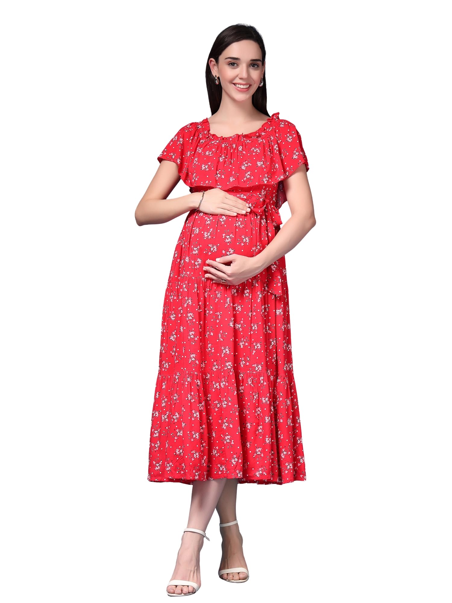 Off-Shoulder Cotton Maternity Feeding Dress | Concealed Zip Nursing Midi Dress with Pocket & Waist Tie | Floral Printed Pregnancy & Postpartum Wear - Multi-image-48
