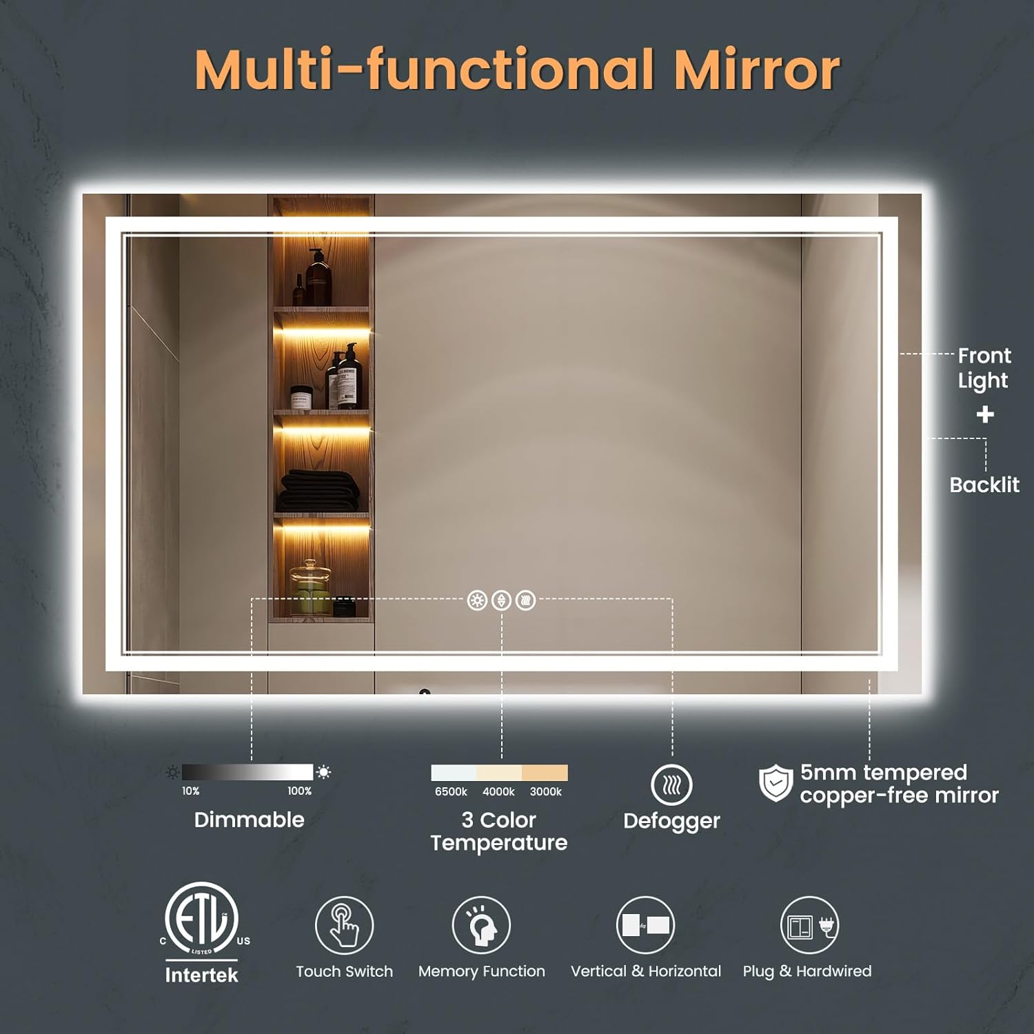 55x36 Inch Bathroom Mirror with Lights, Front and Backlit, Shatter-Proof Tempered Glass, Anti-Fog, 3 Colors, Dimmable, Memory, ETL Listed, Plug-in/Hardwired, Horizontal/Vertical Wall Mount