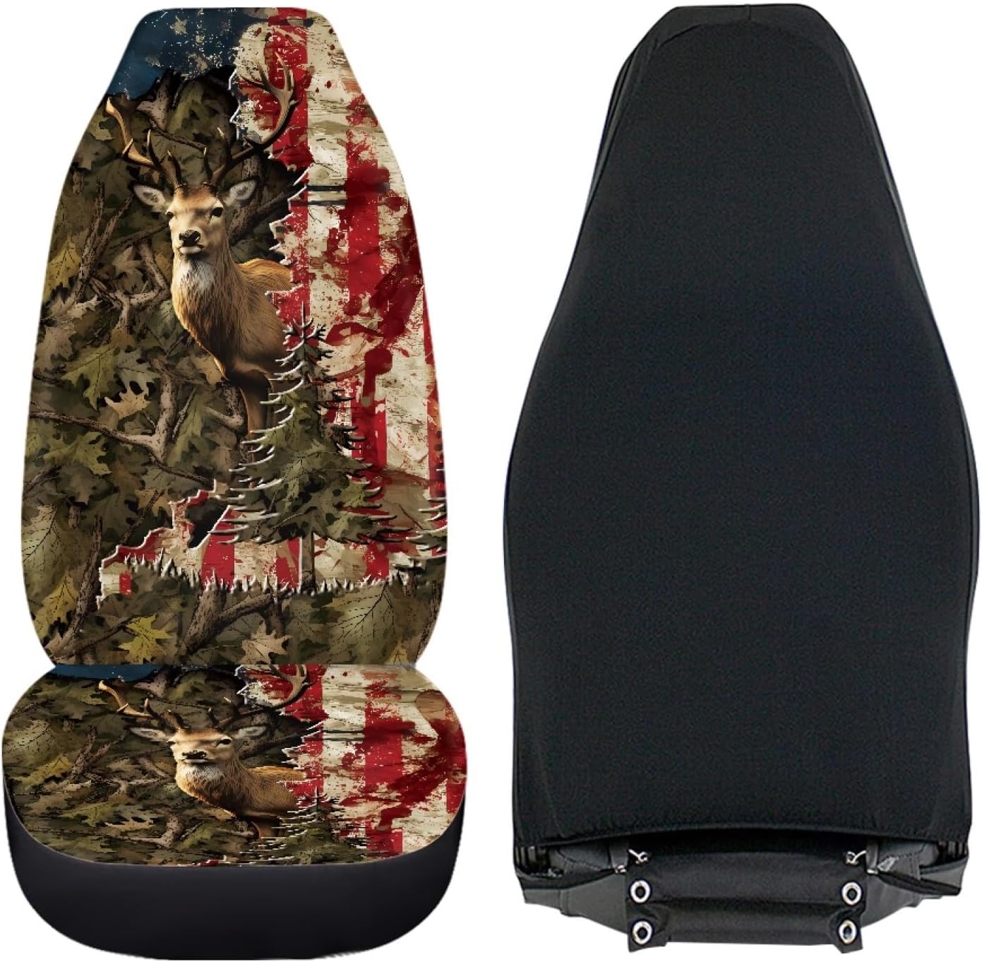 Hunting Deer Flag Print Car Seat Covers Front Seats for Men,Camo Bucket Seats Protector,Decorative Auto Interior Accessories