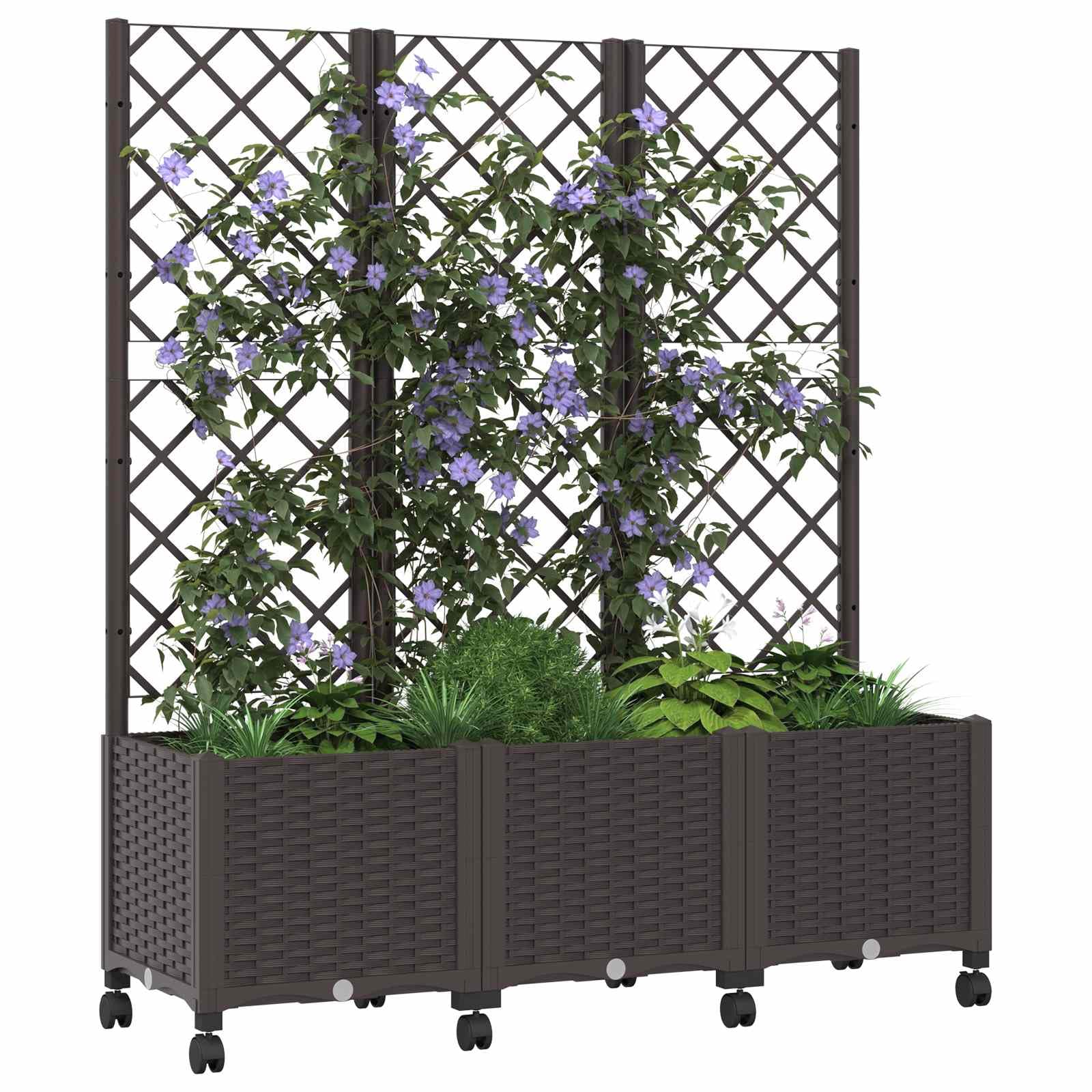 Pojemnik na rośliny ogrodowe z pergolą i kółkami, brązowy, 120 x 40 x 146 cm, PP Outdoor Flower Pot z drenażem do ogrodu balcony patio, zioła lub sukulentów