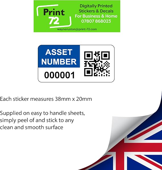 2000 Personalised QR Code Asset Tag Labels Custom Sticker - with Optional Website Linked QR Code - Blue 38mm x 20mm Permanent Vinyl Labels - Simple to Customize