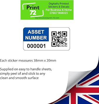2000 Personalised QR Code Asset Tag Labels Custom Sticker - with Optional Website Linked QR Code - Blue 38mm x 20mm Permanent Vinyl Labels - Simple to Customize