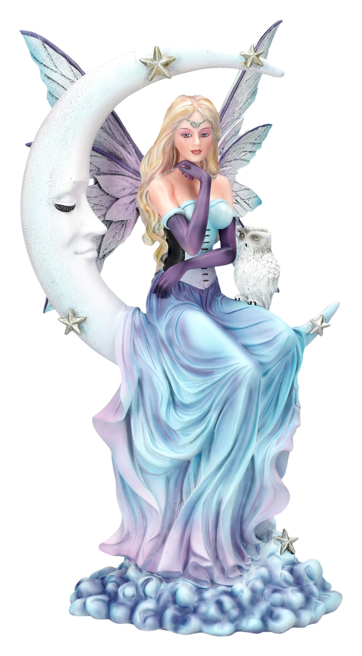 Figuren Shop GmbH Elfen Figur Wächterin der Träume auf Mond 34 cm - Eule Wolken Sterne Fee Deko Fantasy