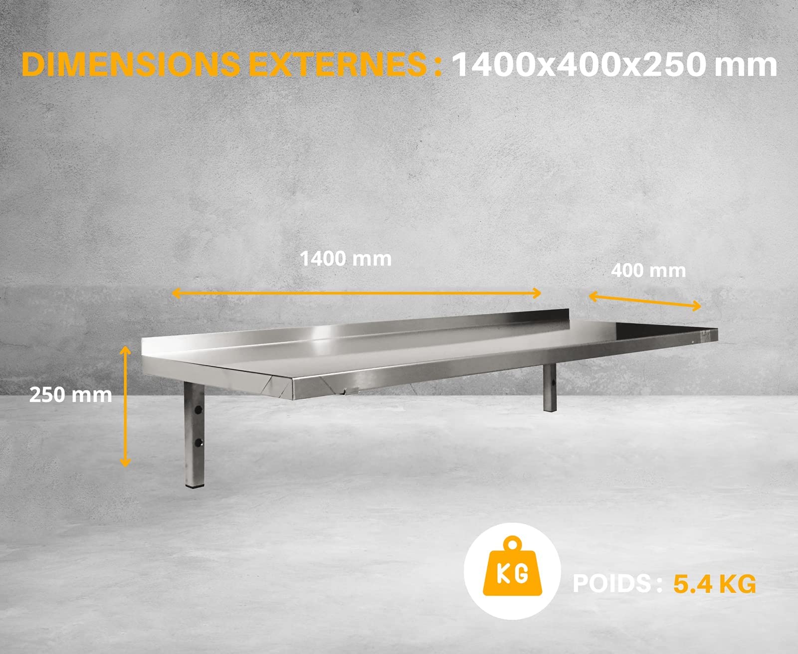 L2G – Étagère Murale Pleine en Inox avec Consoles Fixes | 1400x400x250mm | Robuste & Idéale pour Cuisine Professionnelle