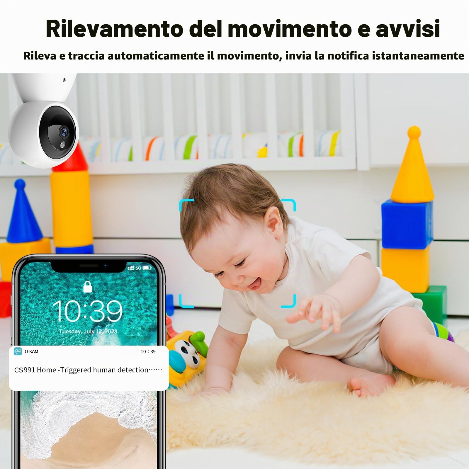 BJR Telecamera WiFi Interno 4MP, 5G/2.4GHz Videocamera Sorveglianza, Visione Notturna, Audio Bidirezionale, Tracciamento di Movimento con Sirena, Funziona con Alexa