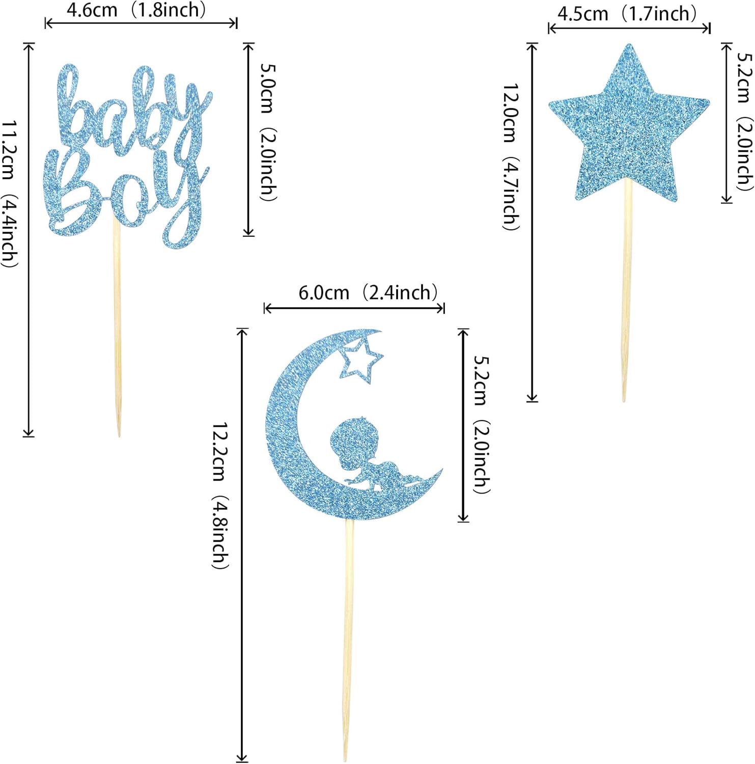 24 PCS Baby Shower Boy Cupcake Toppers with Moon Star Blue Glitter Cupcake Picks Boys Birthday Party Supplies - Image 2