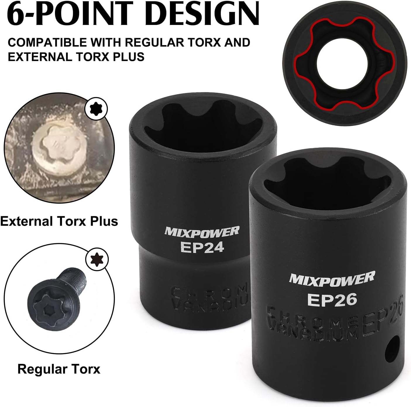 MIXPOWER 19PC External Torx Plus Socket Set 6 Point EP Socket Compatible with Tesla EP4-EP32 with 1/2'' 3/8'' 1/4'' Dr CR-V