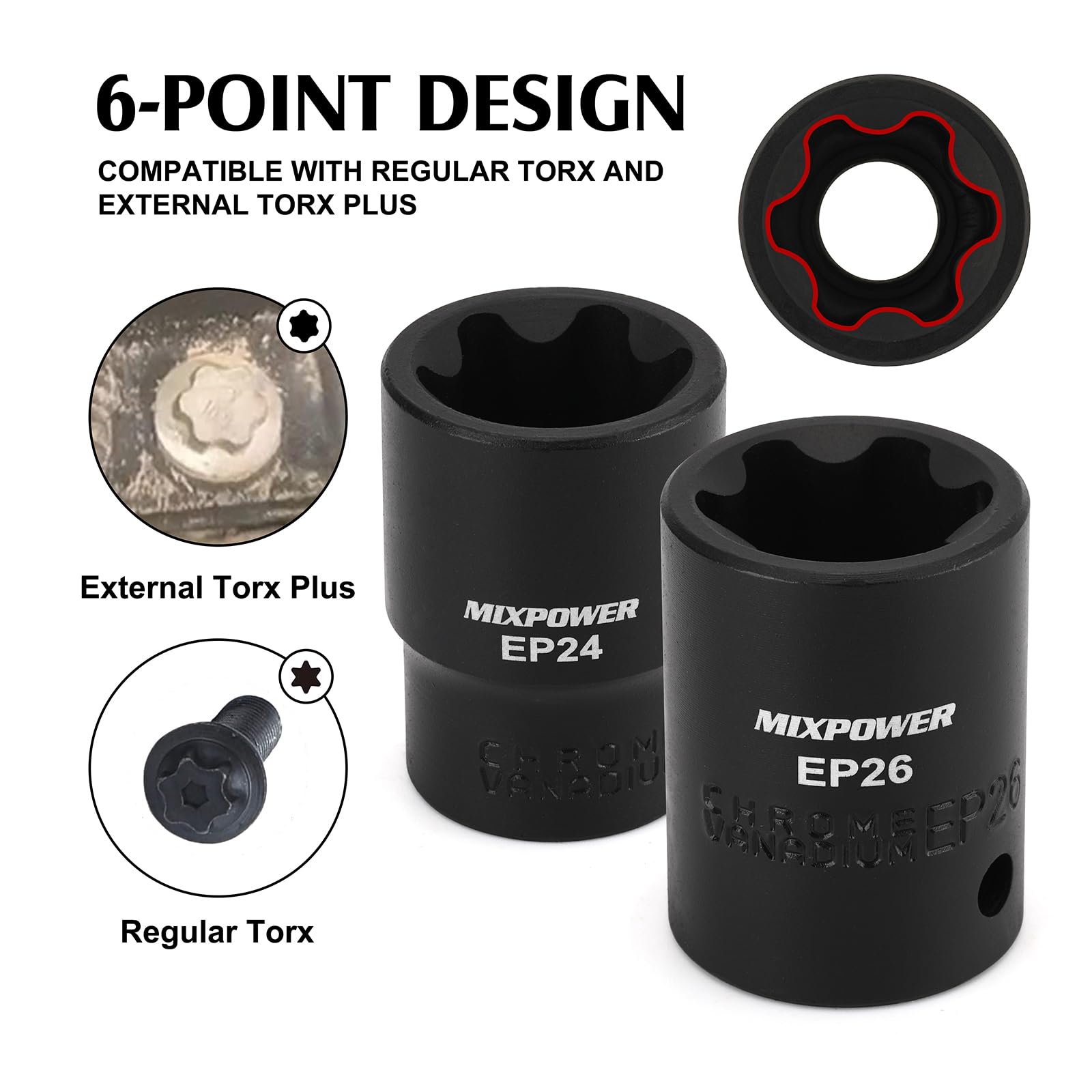 MIXPOWER Juego de 19 enchufes Torx Plus externos de 6 puntos EP compatibles con Tesla EP4-EP32 con 1/2 pulgadas, 3/8 pulgadas, 1/4 pulgadas Dr CR-V