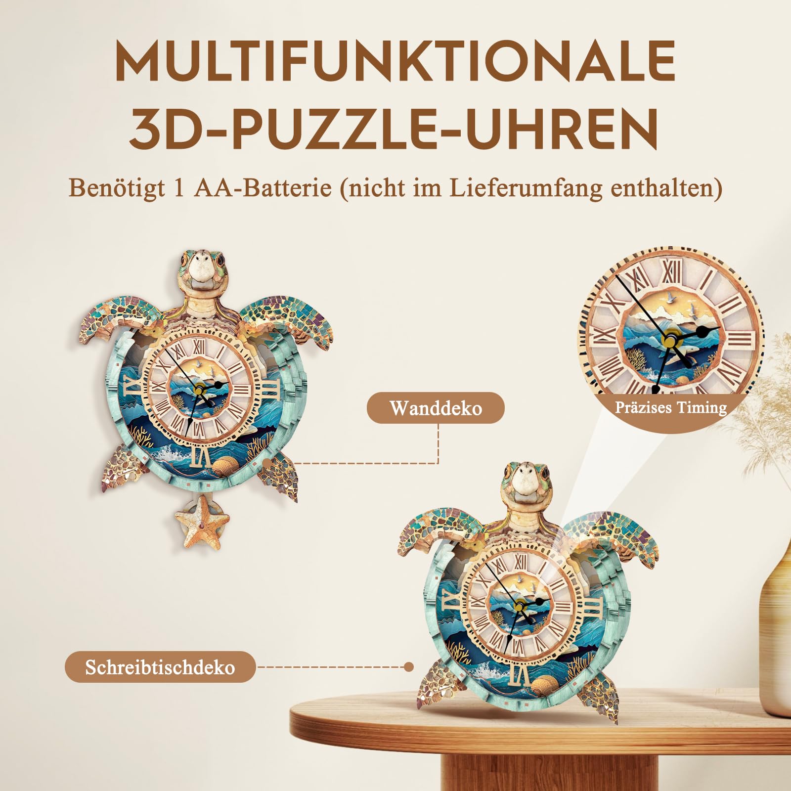 3D Holzpuzzle Erwachsene, Schildkröte Uhr 3D Puzzles Mit funktionaler Uhr (26,2cm*30,4cm), Schreibtisch/Wand Wohndeko, Geschenke für Freunde/Familien Spieleabend
