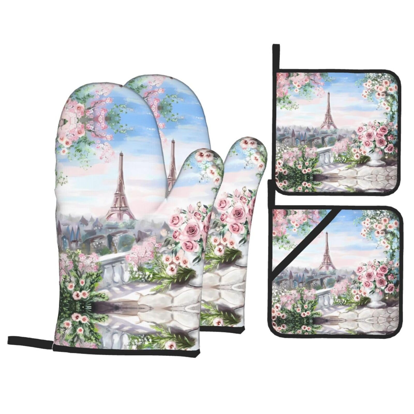YYHHAOFA Beautiful Tower Paris Prints Kitchen Baking Set with Heat Resistant Pot Holders & Oven Mitts - Waterproof Layer for Hot Dishes, Grill & Microwave