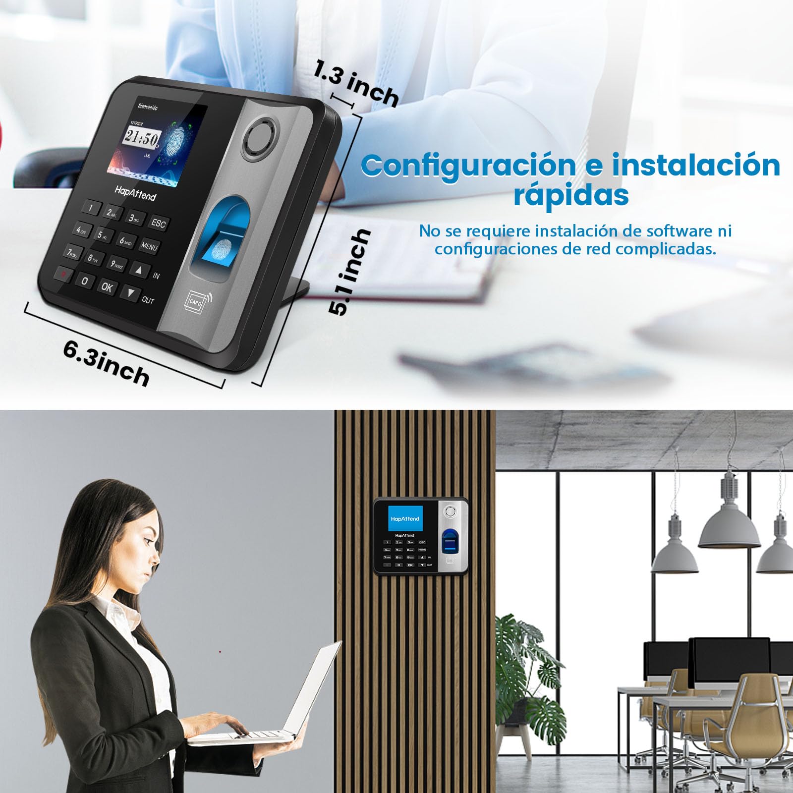 Control horario empleados, Español Reloj de fichar con Huella Dactilar, RFID Tarjetas, H1 Maquina de fichar empleados de hasta 3000 usuarios sin conexión Internet Negro Escáner