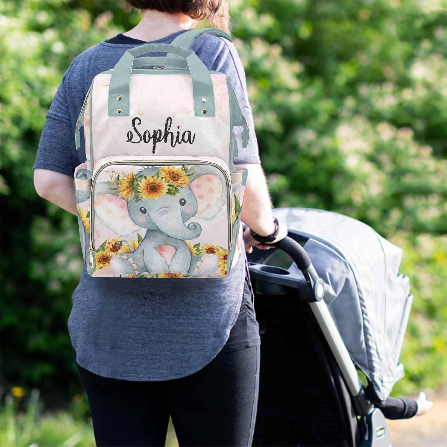 M YESCUSTOM Custom Name Diaper Bag with Sunflower & Animal,Personalized Nylon Waterproof Mommy Travel Backpack with Multi Pocket & Large Capacity Nursing Bags for Women/Mom/Wife