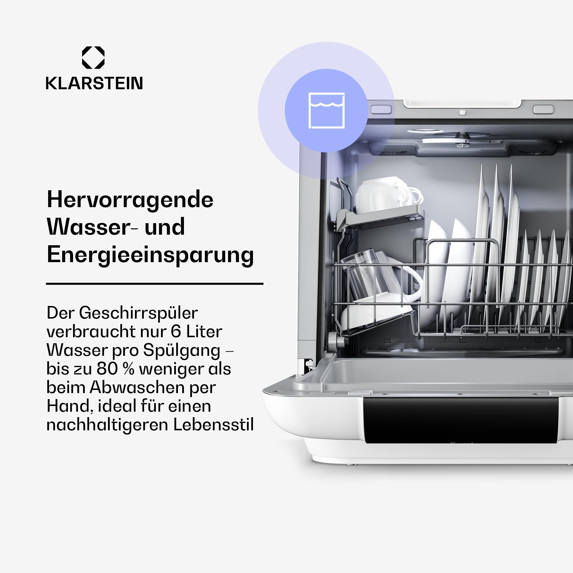 Klarstein Melville Tischgeschirrspüler – Kompakte Spülmaschine für 3 Gedecke, 7 Programme, 6 L Wasserverbrauch, AquaStop, tragbares Design