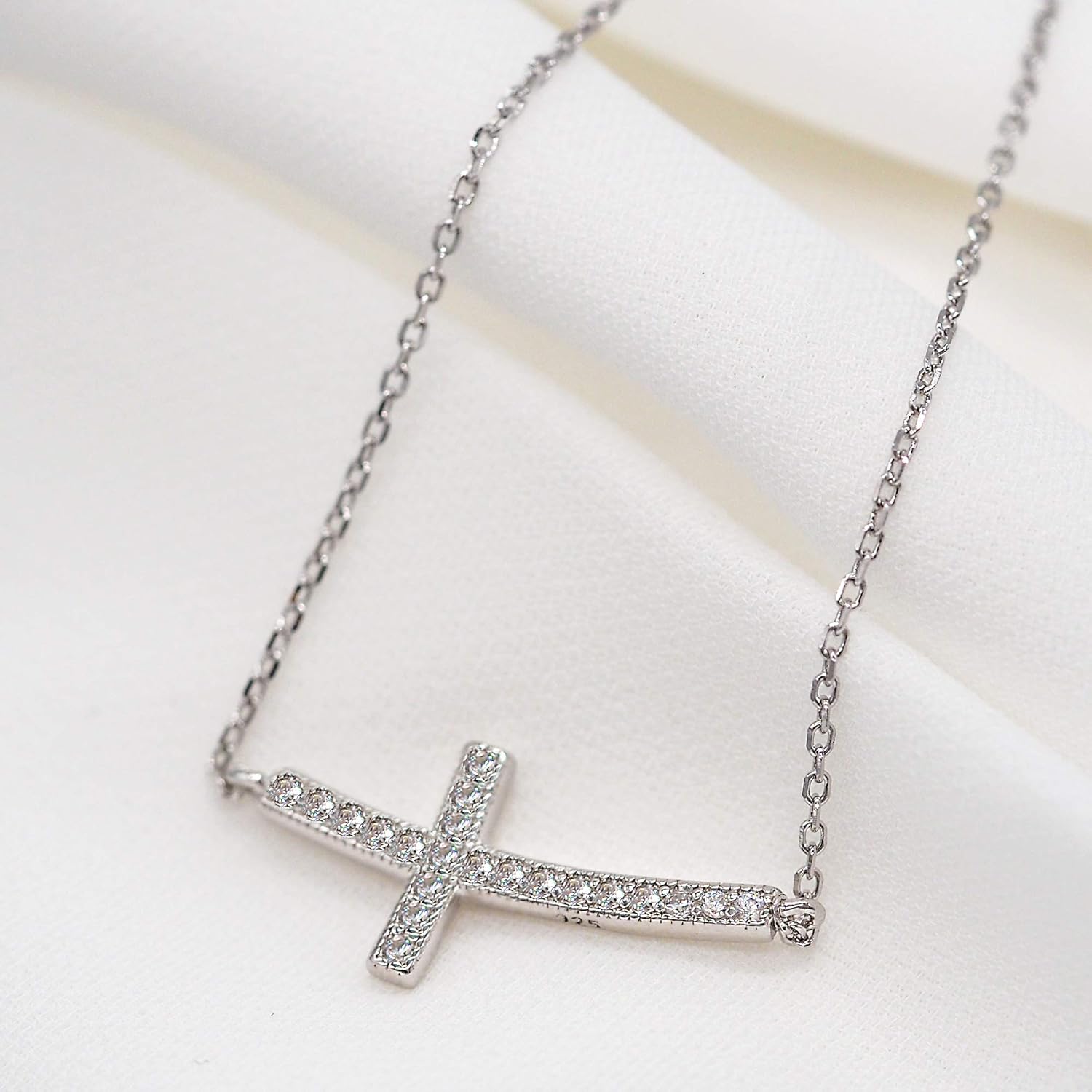 14K Gold Plated 925 Sterling Silver Cubic Zirconia Small Curved Sideways Cross Necklace for Women, 18 inch - Image 5