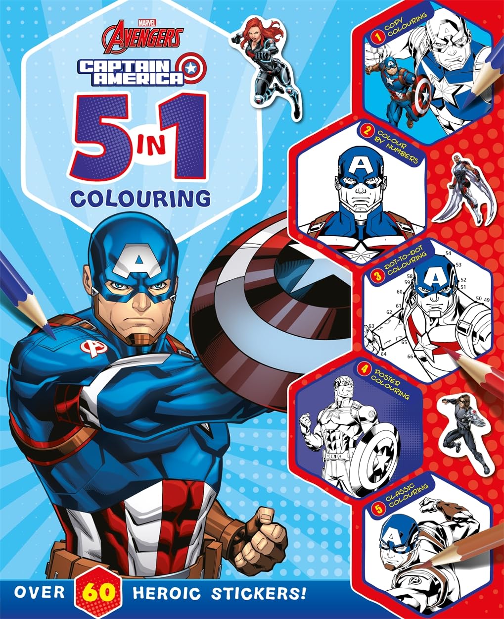 Marvel Avengers Captain America: 5 in 1 Colouring (With dot-to-dot, colour-by-numbers, copy colouring, and more!)