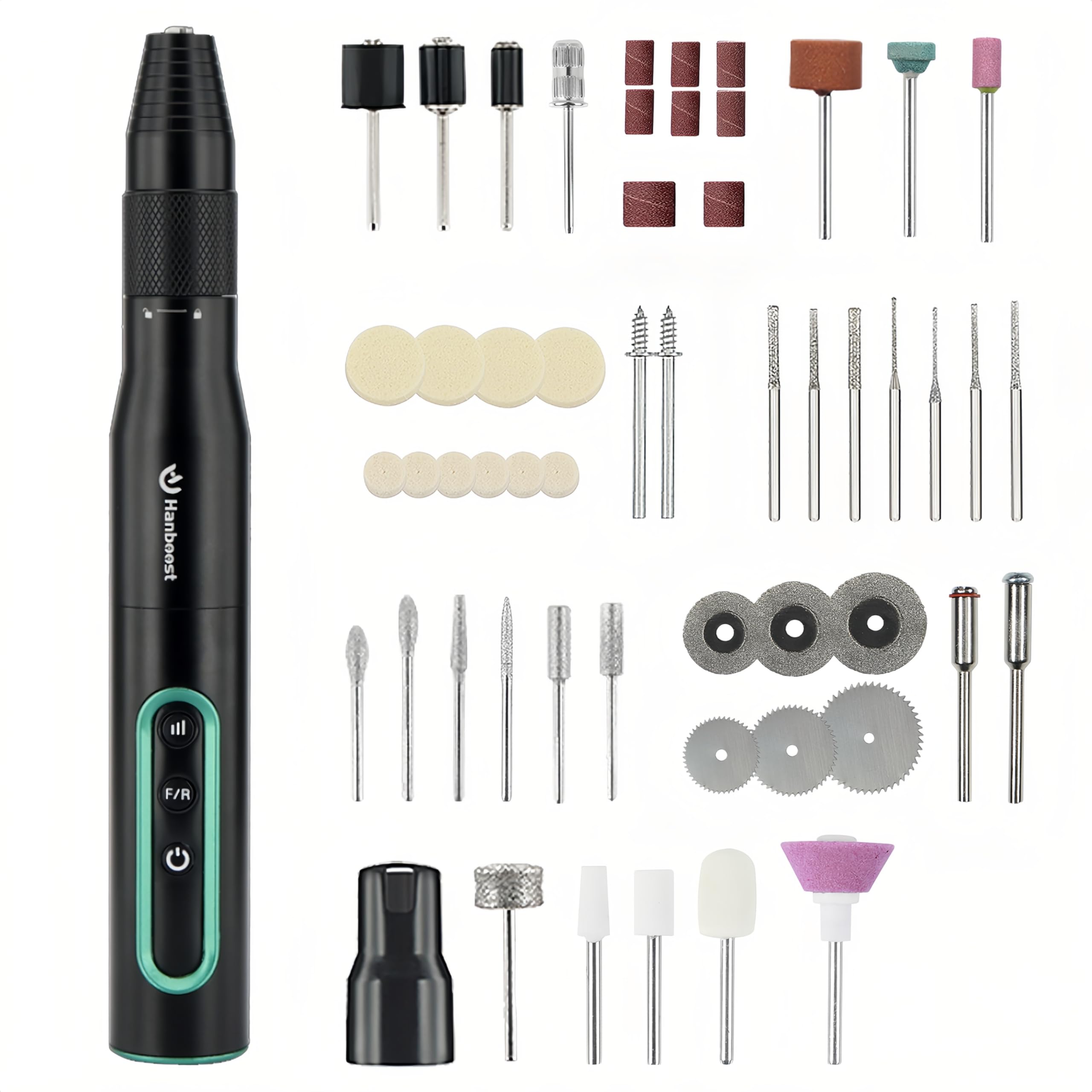 Hanboost S2 - Kit de herramientas giratorias inalámbricas 54 en 1, mini amoladora eléctrica de velocidad variable de 30,000 RPM con avance y marcha atrás, multiherramienta recargable para carpintería