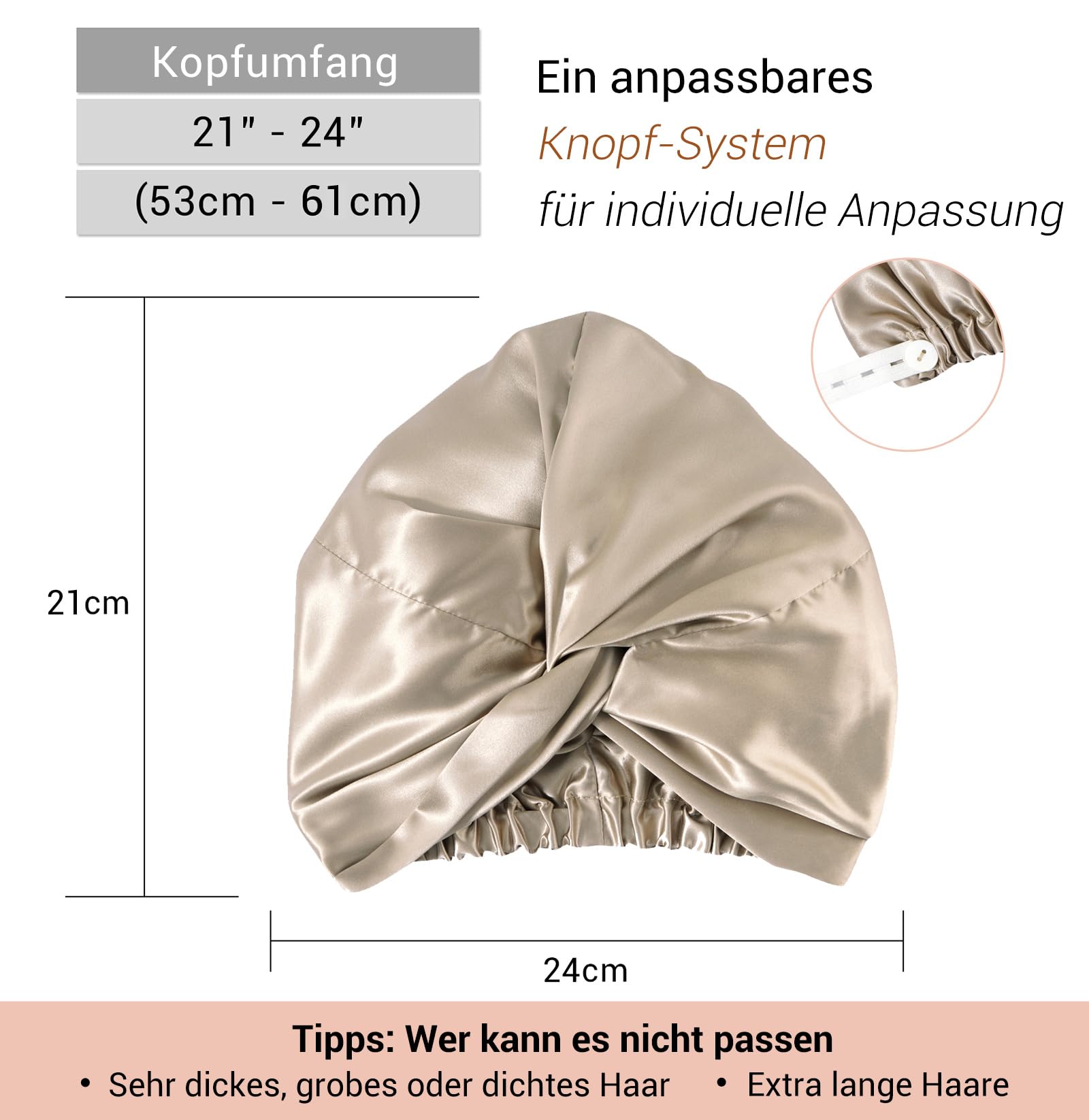 ‌LaCourse Rutschfeste Verstellbare Echte 22 Momme 100% Maulbeerseiden-Seidenhaube zum Schlafen, Doppellagige Seidenhaube für optimale Haargesundheit, Karamell
