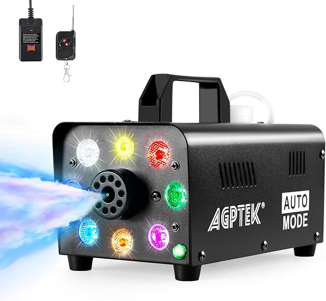 AGPTEK wytwornica dymu z bezprzewodowym pilotem zdalnego sterowania i kolorowym oświetleniem LED, 500 W, stabilna i przenośna, do wielokrotnego użytku, na Halloween, Boże Narodzenie, wesela, występy sceniczne