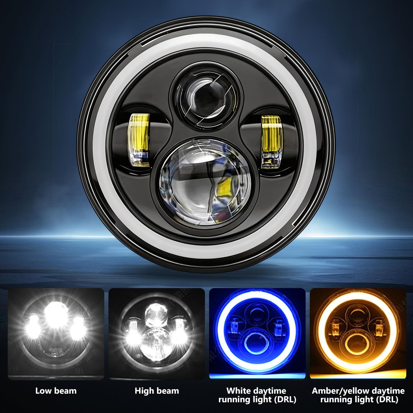 7 Zoll LED Motorrad Scheinwerfer DRL Weiß Blinker Bernstein Scheinwerfer | Scheinwerfer E-geprüft mit Abblendlicht Fernlicht Amber Halo Blinker, Tagfahrlicht Kompatibel mit Gängigen Motorradmodellen