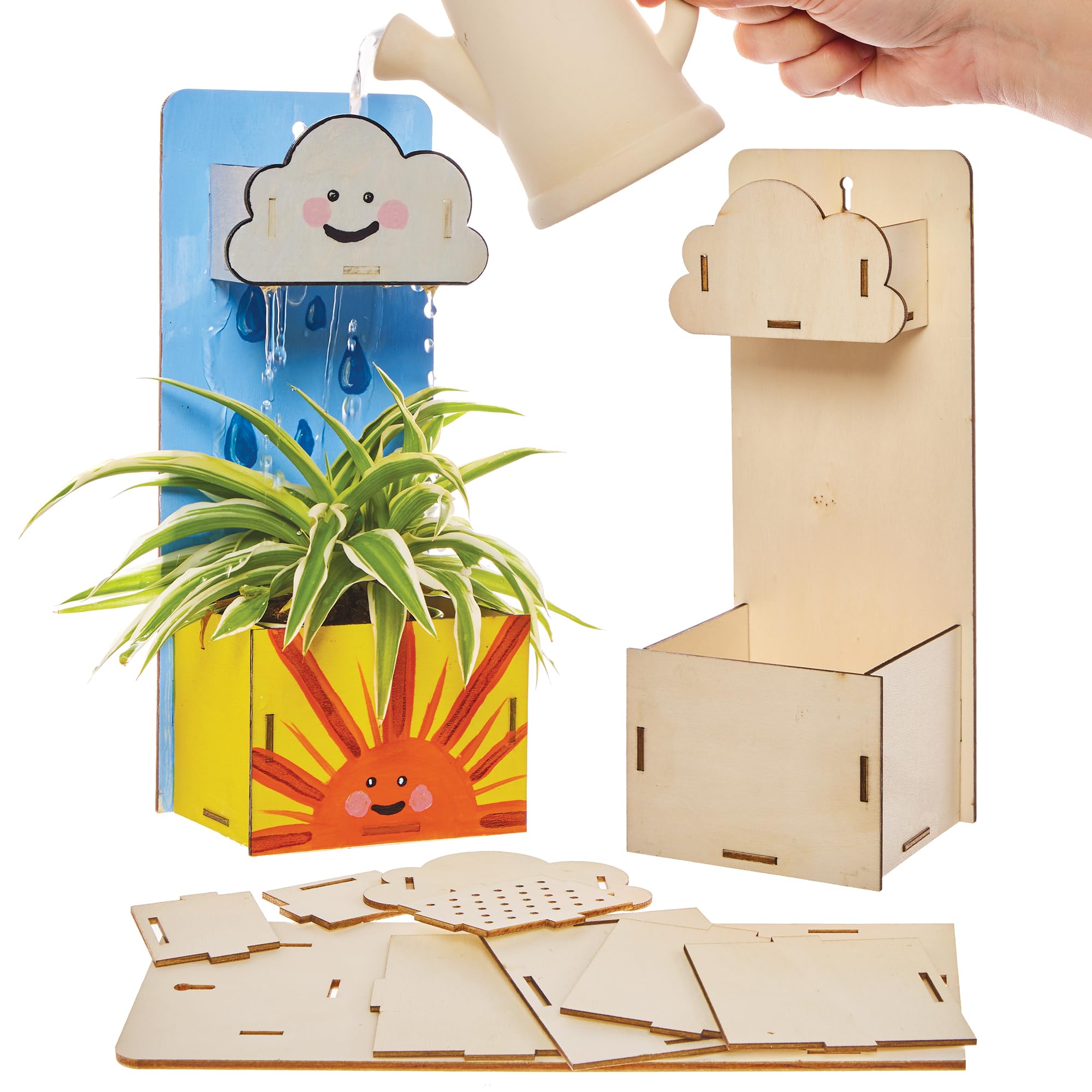 Baker Ross FX995 Rainy Days Wooden Flowerpot Kits - Pack of 2, Garden Wood Craft Kits for Kids