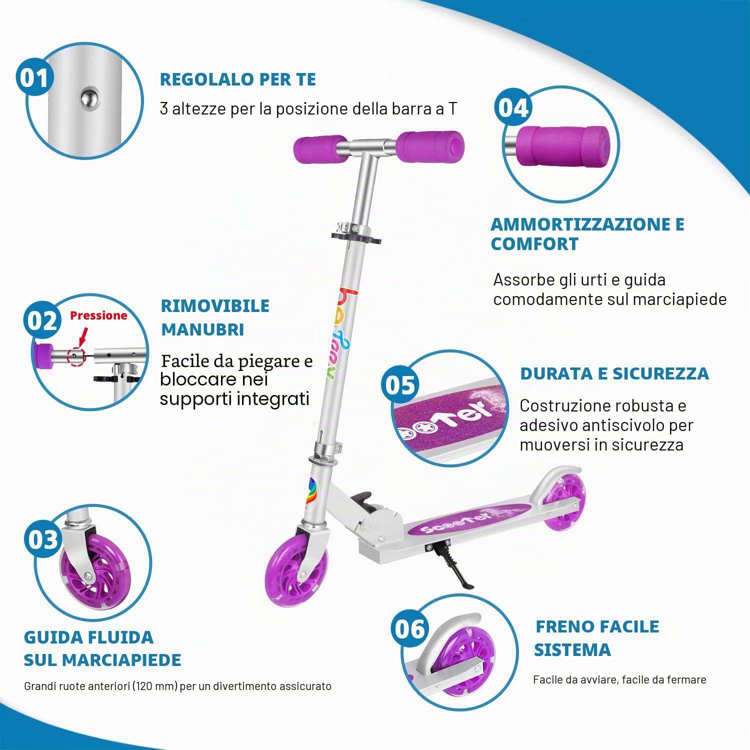 BELEEV V1 Monopattino per Bambino 2 Ruote con Supporto, 3 Monopattini per Bambini Regolabili in Altezza, Monopattino Scooter per Bambina con Il LED Illumina le Ruote per Ragazze e Ragazzo