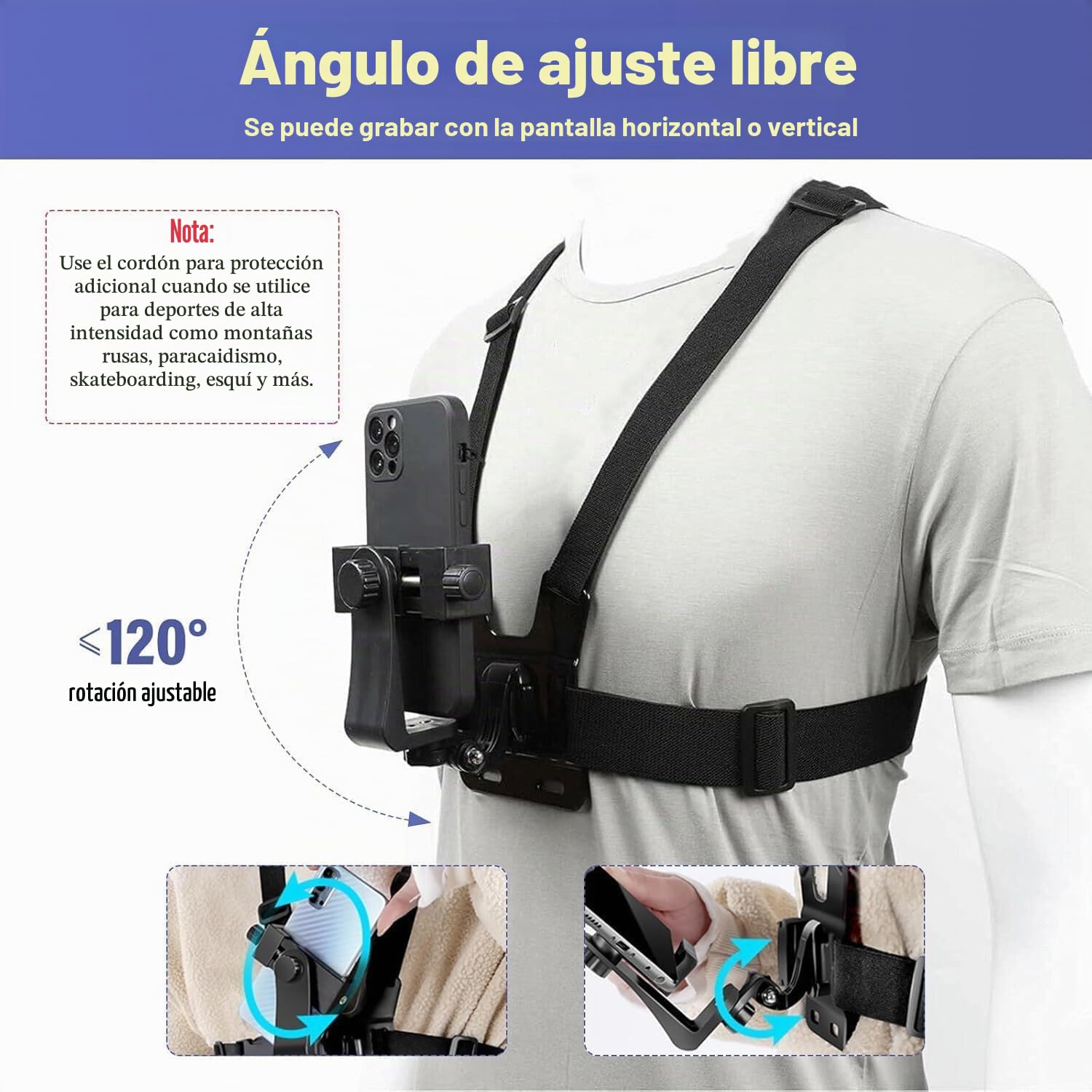 Soporte de Pecho para Teléfono Arnés Chesty Cinturón Cámara Acción Compatible GoPro DJI Osmo SJCAM Samsung Galaxy Ciclismo Esquí Trekking