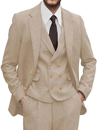 Mens 3 Pieces Suit Retro Slim Fit Suit Wool Tweed Herringbone Business Formal Suit Wedding Party Tuxedos