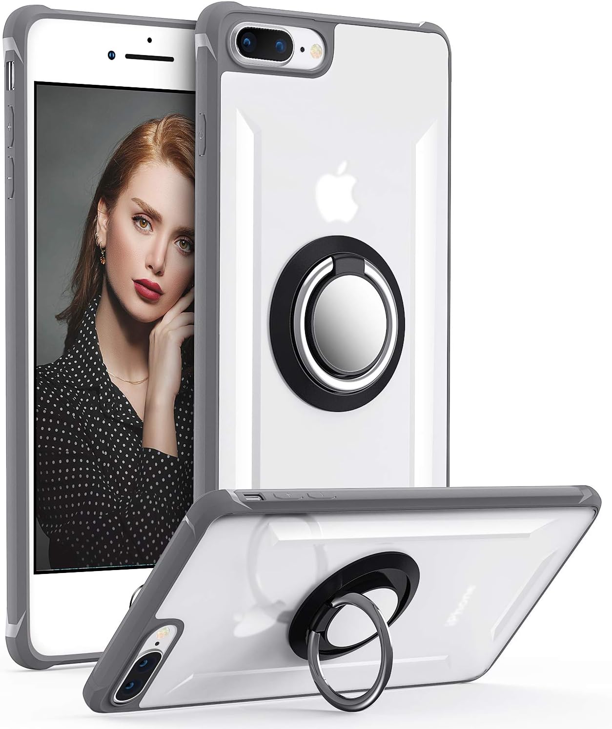 iPhone 7 Plus Case, Daupin Clear iPhone 8 Plus Case with 360 Rotatable Ring Kickstand Magnetic Metal Car Mount Hard PC Shockproof Protective Soft TPU Bumper Phone Case for iPhone 7/8 Plus (Gray)