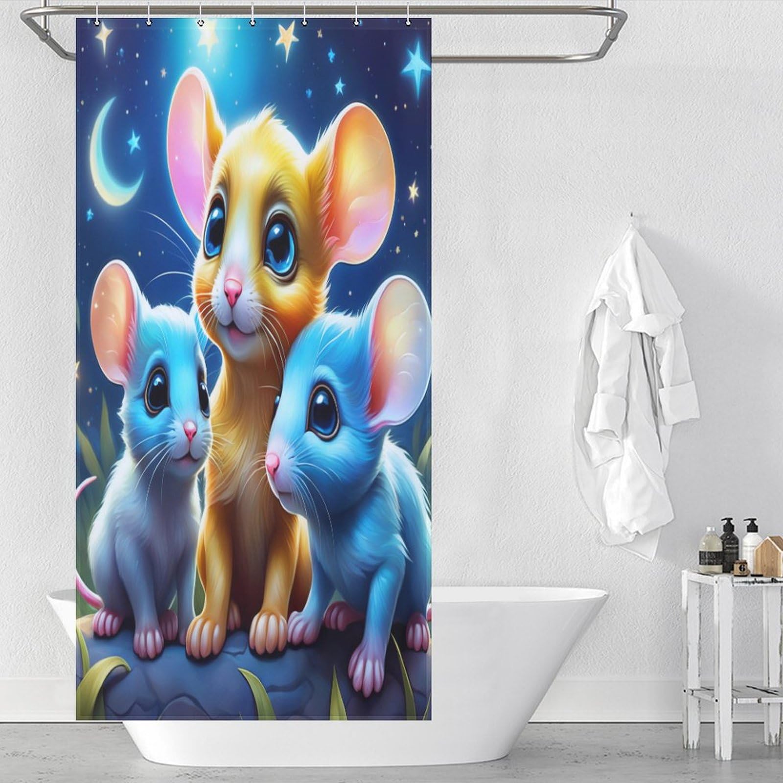 Rideau de douche souris mignonne en tissu lavable 92x183cm pour salle de bain