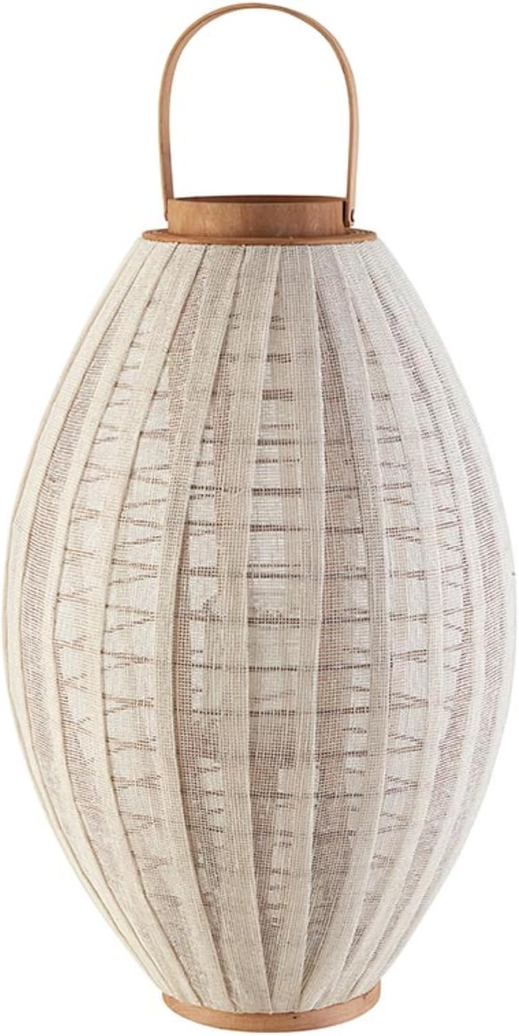 47th & Main Glass Hurricane Round Lantern with Handle Pillar Candleholder, Large, Bamboo/White