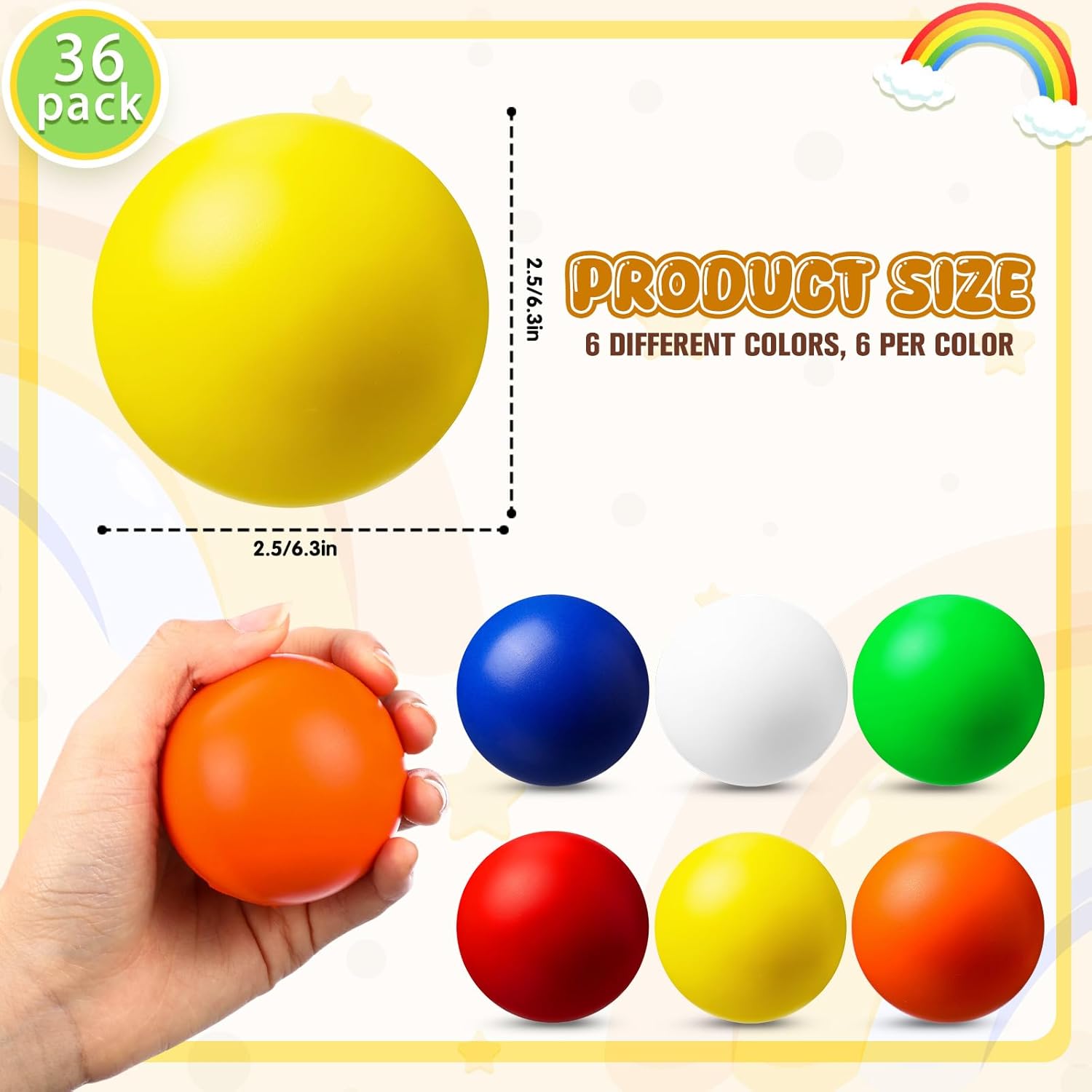 36 Pack 2.5 Inch Foam Stress Relief Balls, Squeeze Stress Relief Balls, 6 Colors, Hand Exercise Sensory Toys for Focus, Therapy, Anxiety and Sensory Play, Great Gift for Kids & Adults