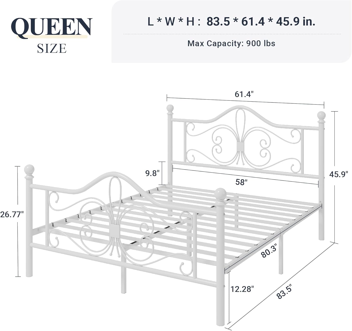 Allewie Full Size Bed Frame with Headboard,Metal Bed Frame with Butterfly Pattern Design Headboard & Footboard,No Box Spring Needed,Easy Assembly,White