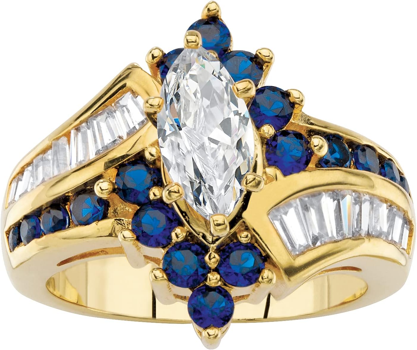 Palm Beach Jewelry 14K Yellow Gold Plated Marquise Cut and Baguette Cut Cubic Zirconia and Round Blue Simulated Sapphire Bypass Ring