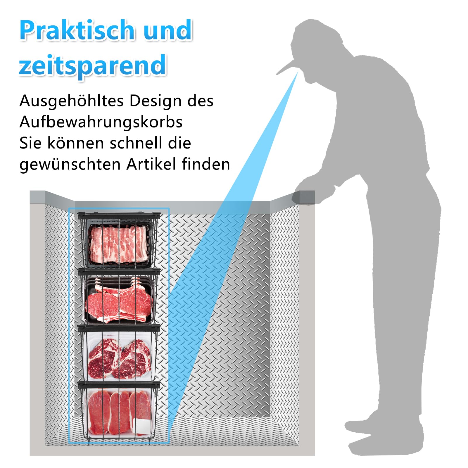 4 Stück Kühlschrank Organizer Schublade Zutaten Gefrierschrank Organizer mit Griffen Stapelbarer Metall Aufbewahrungskorb für Schlafzimmer Schrank Kühlschrank Gefriertruhe ( Schwarz)