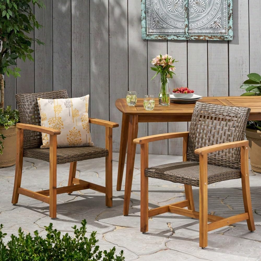 Hampton Wood and Wicker Dining Chairs, Set of 2 Coastal Style Patio Armchairs for Indoor Outdoor Use