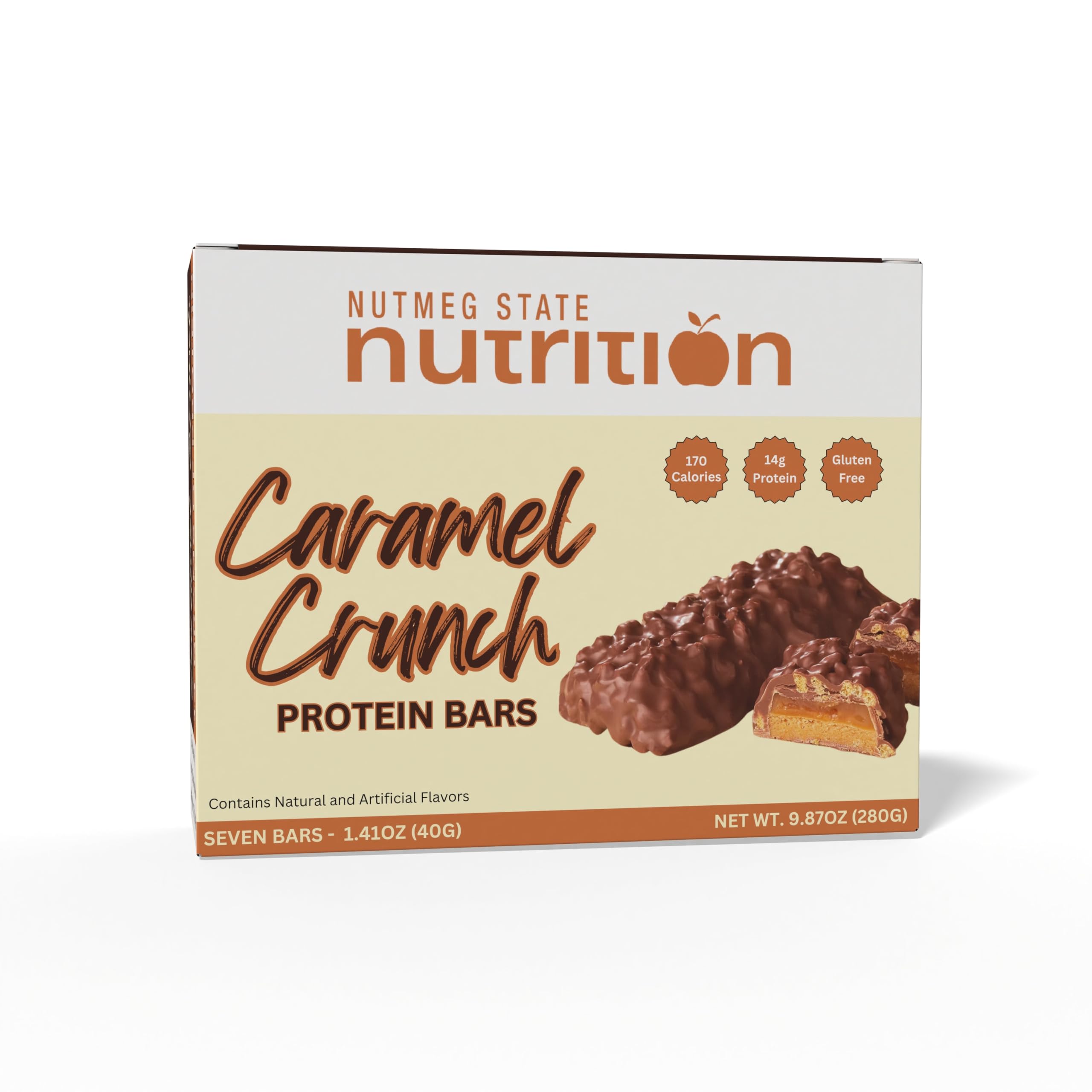 Nutmeg State Nutrition - Barritas dietéticas ricas en proteínas, sin gluten, bajas en colesterol, sodio y azúcar, ideal para proteínas, 7 porciones por caja (barritas crujientes de caramelo)