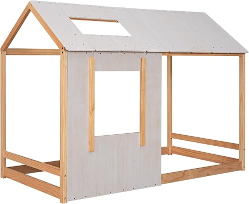 Miniatura 6 de MERITLINE Cama individual para niños, cama individual de madera para niños, cama Montessori con techo y ventana, cama de piso para niños pequeños,
